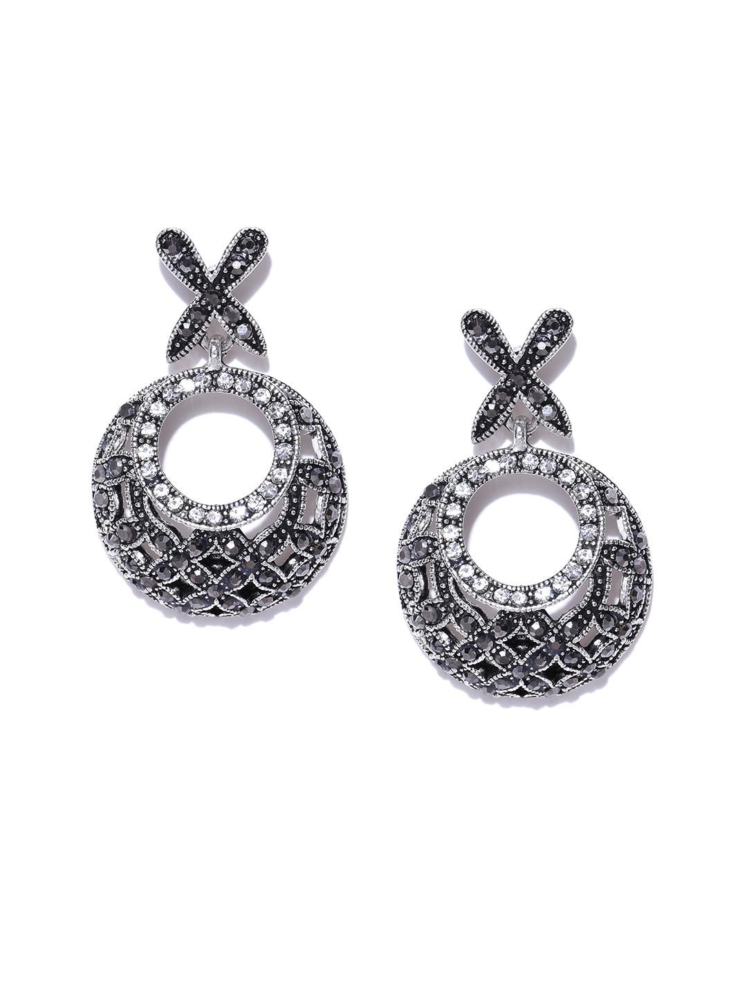YouBella Grey Silver-Plated Circular Drop Earrings